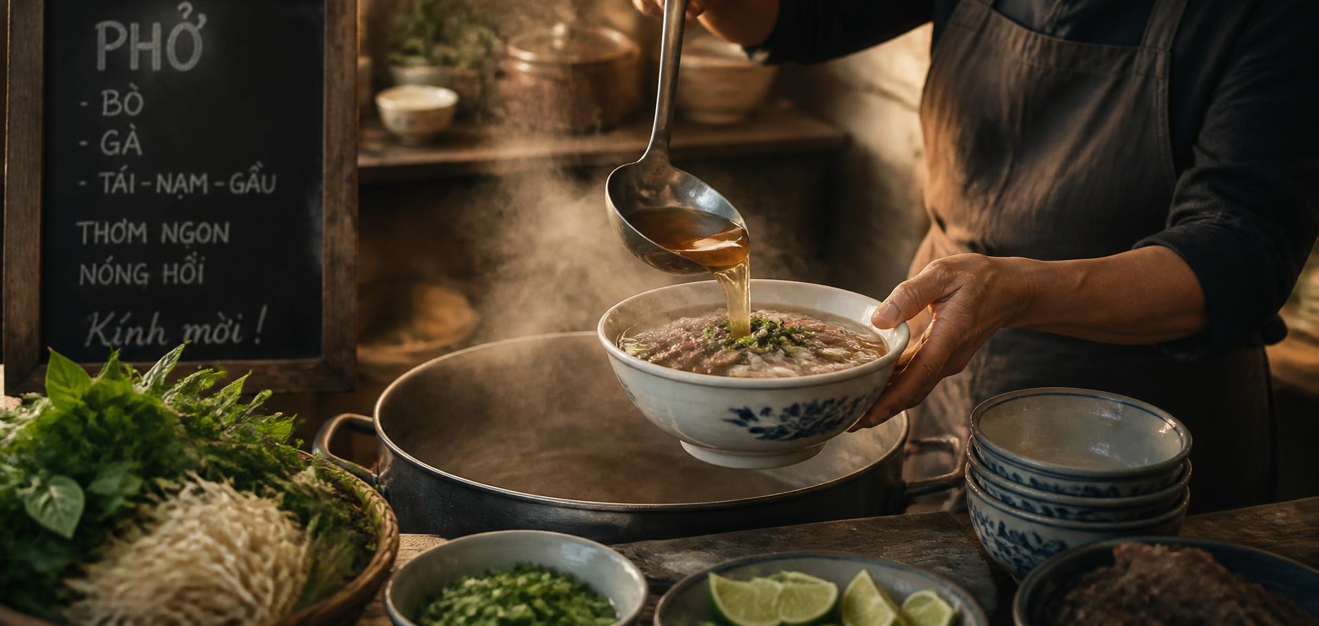 Ladling rich pho broth into a bowl