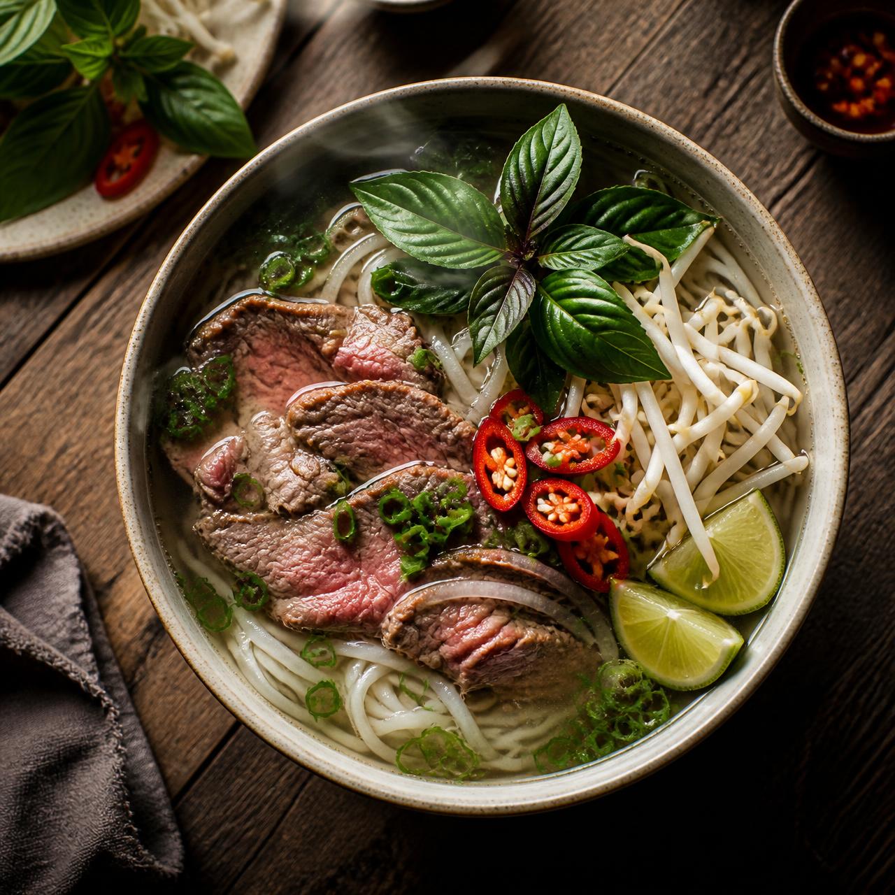 Steaming bowl of Vietnamese pho at Noodle House