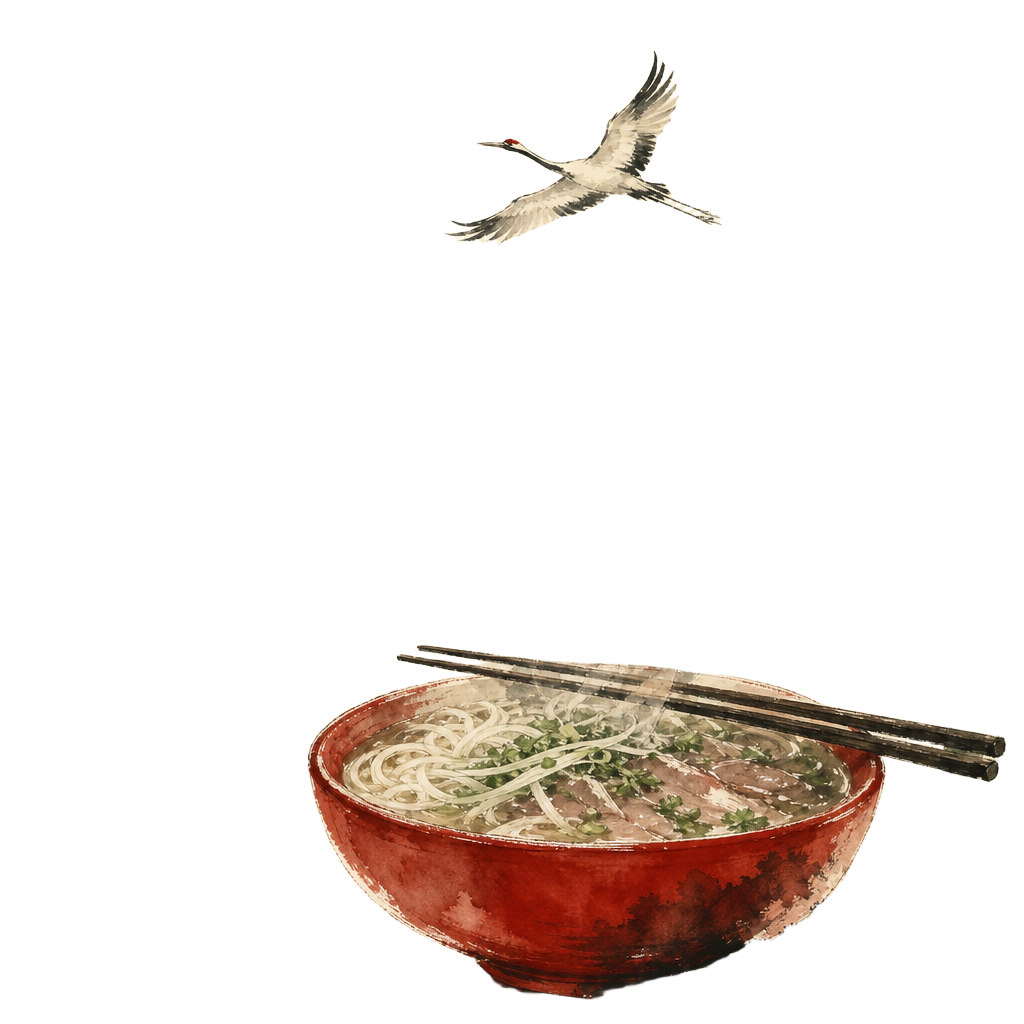 Watercolor painting of a Vietnamese pho bowl with a crane drifting above